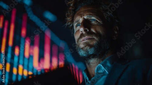 Man Gazing at Abstract Digital Data Visualization.