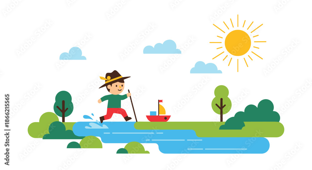 Fototapeta premium Adventurous boy in a hat playing outdoors, running through a stream next to his toy boat on a sunny day in a green landscape.