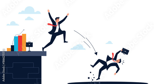 Businessman joyfully leaps from a cliff with a growth chart, while another falls, symbolizing success versus failure in business.