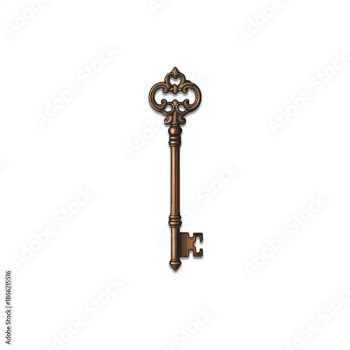 Vintage ornate skeleton key with decorative bow isolated on white background classic metal key for door lock security locksmith antique collectible old fashioned mystery and retro home decor concept