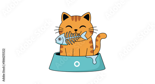 Cute orange tabby cat sitting happily in its food bowl, holding a fish skeleton in its mouth after a satisfying meal.