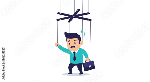 Stressed businessman depicted as a puppet on strings, sweating and looking worried, symbolizing lack of control, manipulation, and micromanagement.