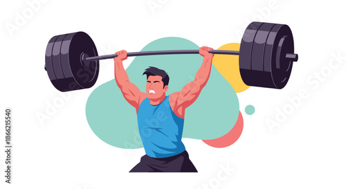 Strong and muscular man in a blue tank top lifting a heavy barbell overhead, demonstrating strength, power, and weightlifting.
