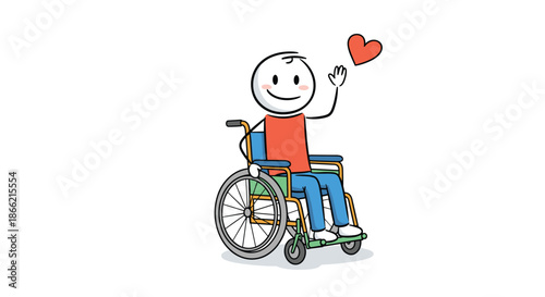 Happy and friendly cartoon character in a wheelchair waving, with a small red heart floating nearby, promoting inclusivity and love.
