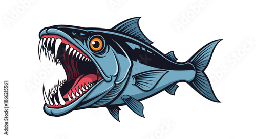 Aggressive predatory fish with its mouth wide open, showing off its long, sharp teeth in a menacing and fierce vector illustration.