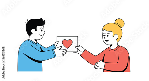 Young man giving a card with a red heart on it to a smiling young woman, symbolizing a love letter, gift, or confession.
