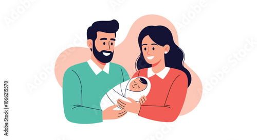 Happy and loving new parents, a man and a woman, are smiling as they cradle their newborn baby together in a warm embrace.