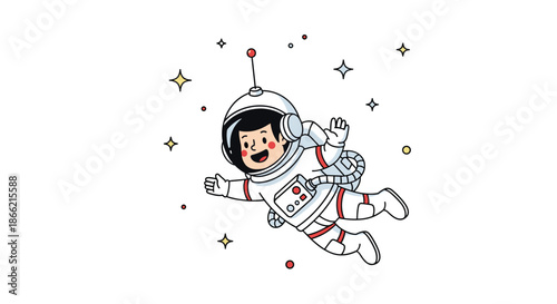Cute and happy cartoon astronaut child floating in outer space, waving among shining stars in a full spacesuit and helmet.