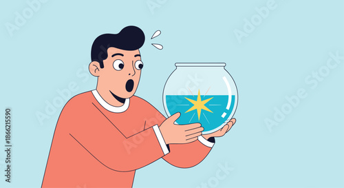 Surprised man with wide eyes holding a fishbowl, shocked to find a shining star instead of a fish swimming inside the water.