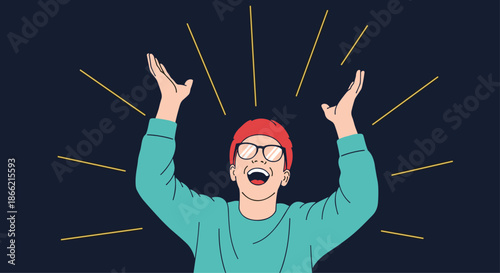 Overjoyed young man in a red beanie and glasses raising his hands in celebration, with golden rays emanating from his happy face.
