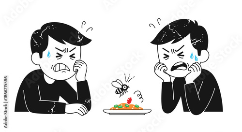 Two men with disgusted expressions reacting to a fly buzzing over their plate of food, illustrating poor hygiene and contamination.