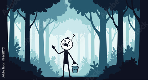 A scared and confused stick figure holding a bucket is lost in a dark, spooky, and foggy forest, feeling uncertainty and fear.
