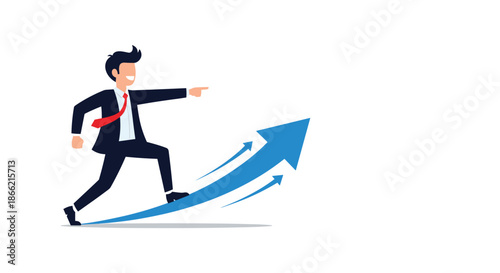 Confident businessman walking up a rising blue arrow, pointing forward to symbolize career growth, success, and moving towards goals.