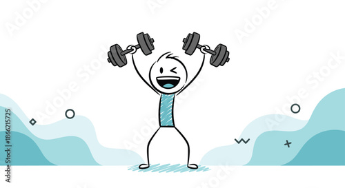 A cheerful and strong stick figure character successfully lifting two heavy dumbbells, winking to show confidence in his fitness workout.