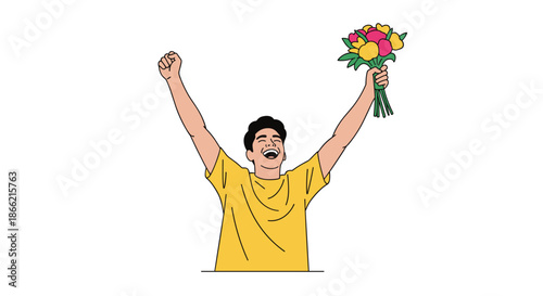 An overjoyed young man celebrating a victory or special occasion with his arms raised in triumph, holding a colorful bouquet of flowers.