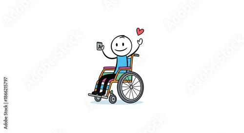 A happy and positive stick figure in a wheelchair taking a selfie with a smartphone, celebrating life with a heart and peace sign.