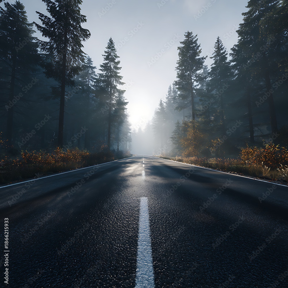 Fototapeta premium A winding road disappears into the misty forest under a bright sun