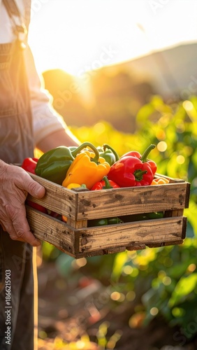 Farmer Holding Wooden Crate Full of Colorful Bell Peppers at Sunrise with Soft Golden Light Over Field