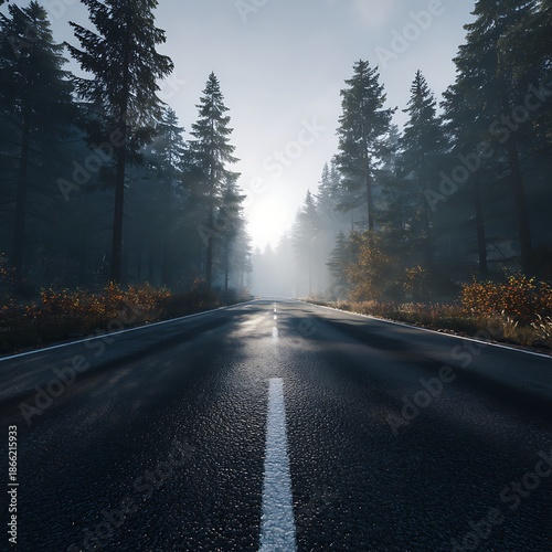 A winding road disappears into the misty forest under a bright sun