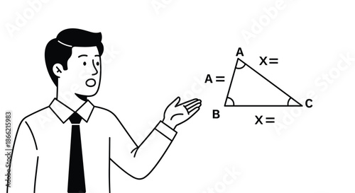 A teacher or businessman presenting a geometry problem, explaining the angles and sides of a triangle during a math lesson or presentation.
