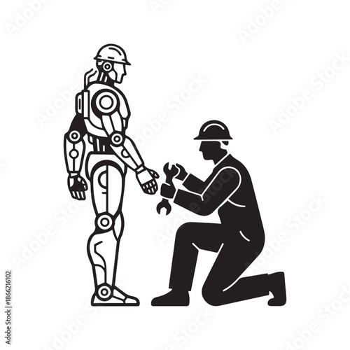 Human mechanic repairing humanoid robot silhouette vector illustration, technician fixing futuristic android machine with wrench isolated on white background for industrial maintenance and artificial 