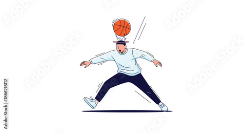 Man playing basketball getting hit on the head by the ball, a funny and clumsy moment captured in a dynamic, sketchy art style illustration.