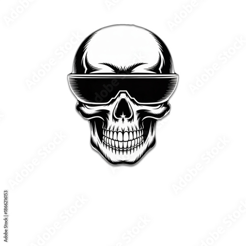 Black and white skull wearing dark sunglasses in bold tattoo style isolated on white background for biker logo streetwear design rock music poster edgy halloween and pirate theme graphic