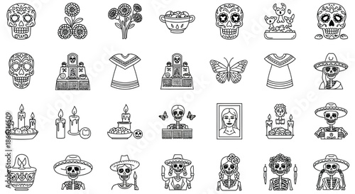 Day of the dead line art collection isolated on dia de los muertos outline vector set with sugar skulls and traditional elements
