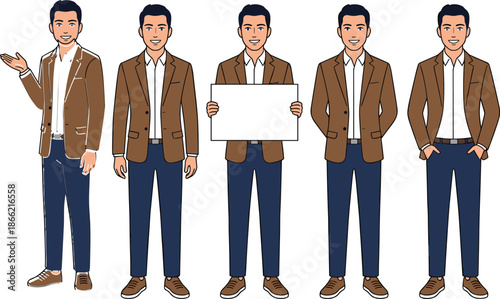 Businessman character illustration set, casual professional male poses holding blank board, modern office people cartoon vector design isolated