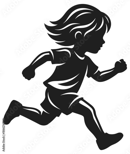 Running illustration showing a young girl sprinting forward with arms and legs in motion.