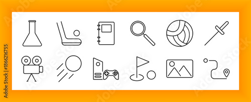 Education and leisure set icon. Flask, stadium seat, notebook, magnifier, volleyball, fencing, camera, ball, gamepad, flag, image, route in thin linear design.
