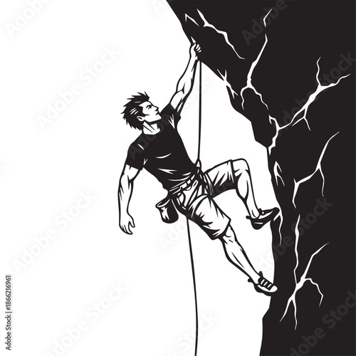 Rock climber silhouette vector illustration, athletic man scaling steep cliff with rope and harness, extreme mountain sport concept black icon
