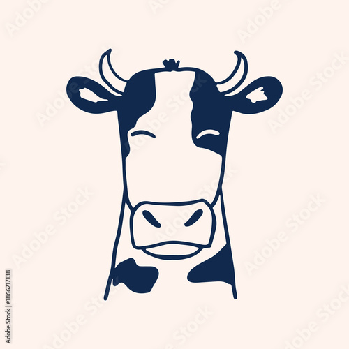 Hand-drawn cow Illustration. Holstein bovine portrait. Rustic farm animal.  Organic dairy character