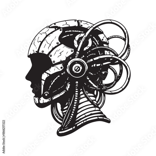 Futuristic cyborg head profile vector illustration, detailed mechanical robot face with wires, cables, and technological brain components in cyberpunk style

