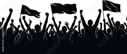 Protest crowd silhouette illustration, people raising fists and waving flags, political demonstration, freedom rally, activism concept isolated black figures background