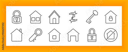 Real estate set icon. House, padlock, key, secure home, property, lock, key handover, forbidden access, protection, building, safety, ownership, access, investment, mortgage