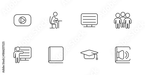 Education set icon. Play button, student, screen, group, presentation, book, graduation cap, audiobook, learning, knowledge, study, lecture, course, class