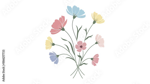 Floral Fantasy: A delicate bouquet blooms with a variety of pastel-colored petals, an enchanting and gentle illustration of nature's beauty and serenity. 