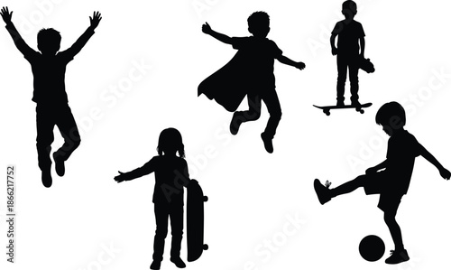 Active children silhouette illustration, kids playing sports and skateboarding, jumping and kicking ball, childhood lifestyle concept isolated black figures set
