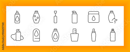 Hygiene product set icon. Liquid dispensers, squeeze tubes, spray bottles, cream jars, soap containers, and labeled packaging drawn with minimal outline showing cleanliness and body care.