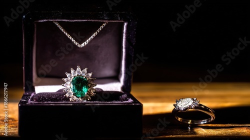 bezel. An heirloom emerald necklace and a family crest ring in an open velvet box. lifestyle magazines, social media lookbooks, designed for lifestyle magazines and social media content.
