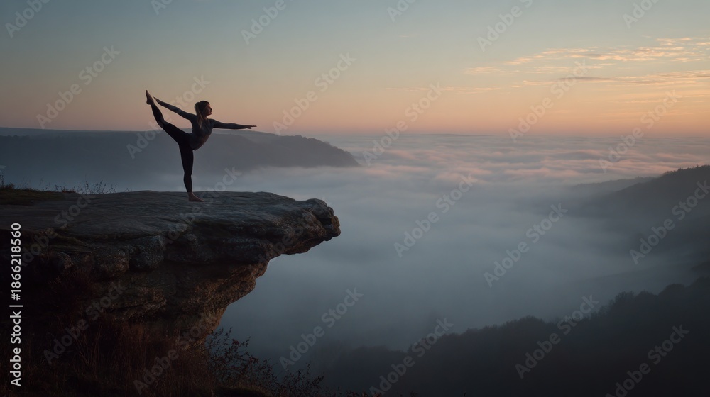Fototapeta premium Woman practicing yoga on cliff edge