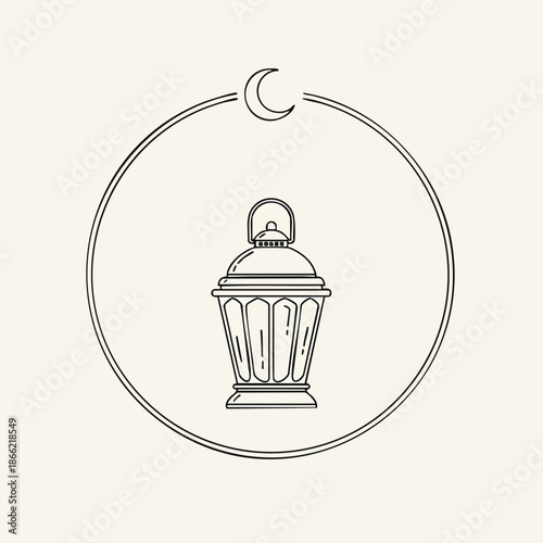 Illustration of Lantern within Circular Frame under Crescent Moon Symbolizing RAMADHAN_x86ldp_ICON.eps Concept