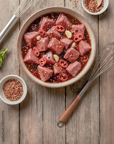 Savory Meat Cubes Marinating in a Spicy Sauce with Chili and Garlic