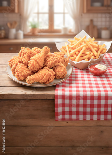 Delicious Fried Chicken and Crispy Fries on a Rustic Kitchen Table
