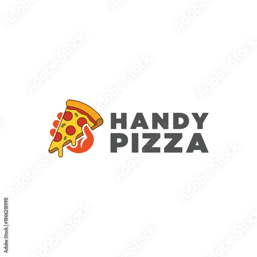 Modern Fast Food Logo Vector Hand Holding Cheesy Pepperoni Pizza Slice