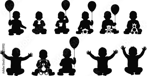 Baby silhouette set illustration, infants sitting playing with balloons and toys, cute childhood activities icons isolated black figures collection design