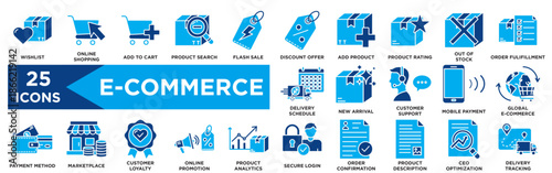 E-Commerce Dual Tone Icon Set - Wishlist, Online Shopping, Product Search, Flash Sale, Out of Stock.eps