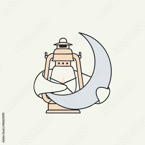 Vintage Lantern and Crescent Moon Iconic Symbol of Ramadhan Celebration