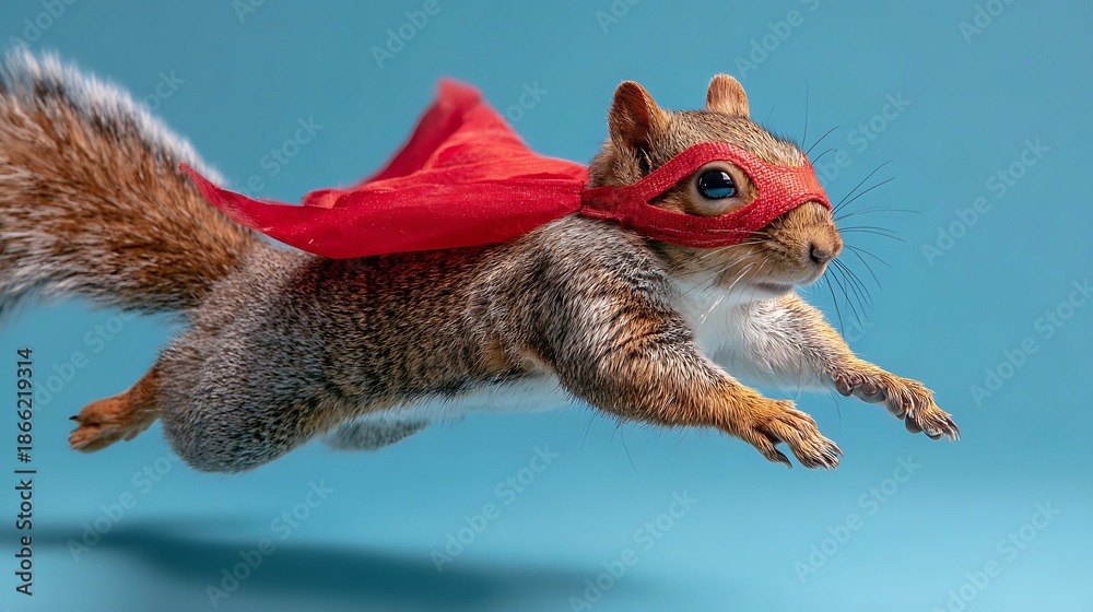 Obraz premium A flying squirrel, clad in a red mask and cape, against a vibrant cyan background